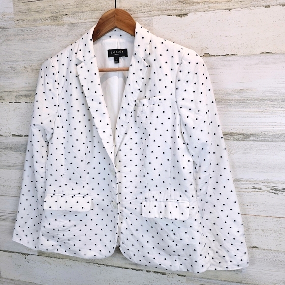 Talbots Linen & Cotton Polka Dot Blazer 6P White Navy Preppy Light Academia Chic - Picture 3 of 16